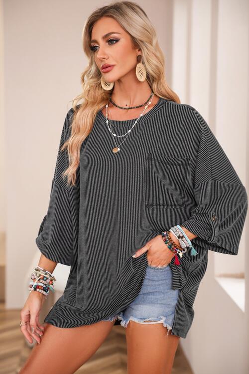 Round Neck Slit Roll-Tab Sleeve Oversize Top