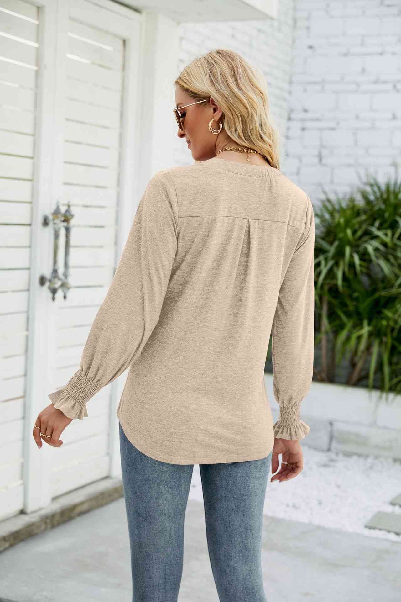 Heathered Flounce Sleeve Curved Hem Top