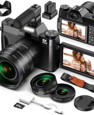 Appareil Photo Numérique 6K 64MP pour Vlog avec WiFi, Carte TF 64 Go, Microphone, Autofocus, Zoom 16X Appareil Photo Compact et Portable pour Youtube, Voyage, Débuteurs, Objectif Macro et Grand Angle